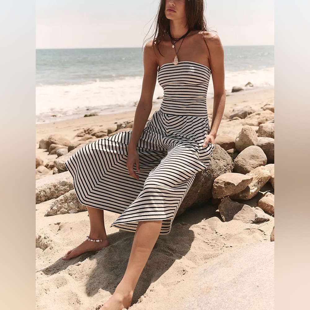Free People Black and White Strapless Striped Jumpsuit Romper